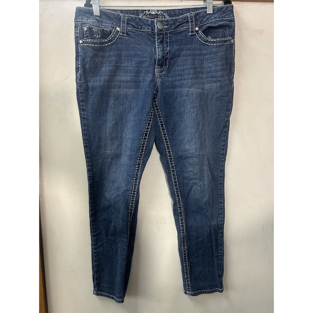 Paisley Sky Womens Blue Denim Jeans Flap Back Pockets With White Stitch size 14